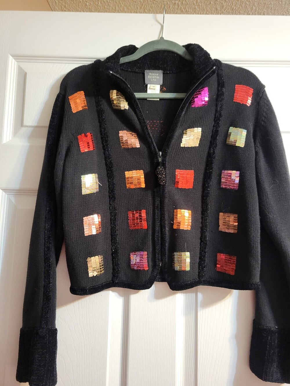 Susan Bristol Black Sequin Square Accent Zip Cardigan